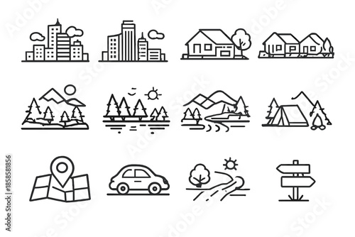 Set of minimalist travel and location icons