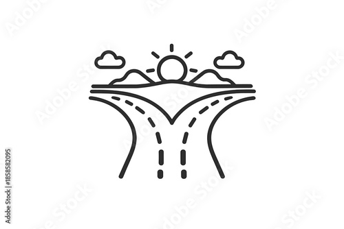 Fork in the road with mountains and sun icon