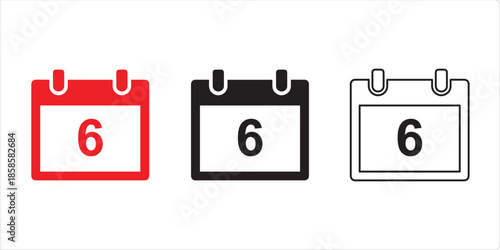 Calendar Icon Set: Three variations of a calendar icon prominently displaying the number six, designed to represent schedules, appointments, and dates.