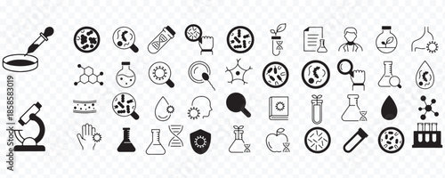 Medical and Science Icons Set – Microscope, DNA, Virus, Laboratory, Research Line Symbols
