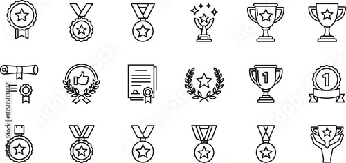 Award icons set with medals, trophies, ribbons, certificates, laurel wreaths, stars, recognition symbols for achievement, success, and excellence.