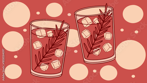 Two glasses of refreshing cocktail with ice cubes and rosemary sprigs flat vector illustration for summer drinks and bar advertising
