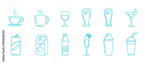 Set of thin line icons for beverages. Minimal web icons with editable strokes.