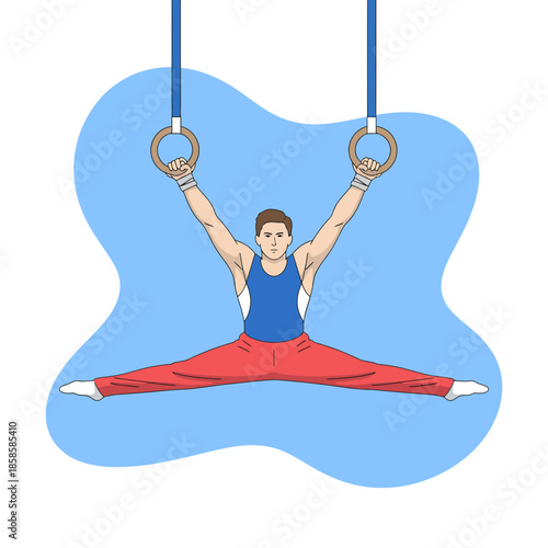 A male gymnast demonstrates flexibility and strength while performing a straddle split on gymnastic rings