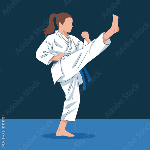 An illustration of a determined female martial artist executing a precise high kick