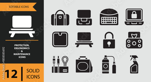 Essential solid icons for device protection, ergonomic setup, and maintenance solutions