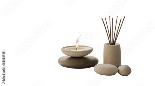 Zen meditation setup with candle incense and smooth stones on transparent background