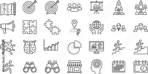 Business strategy icons set for planning, teamwork, marketing, analytics, growth, development, productivity, leadership, innovation, and goal achievement concepts.