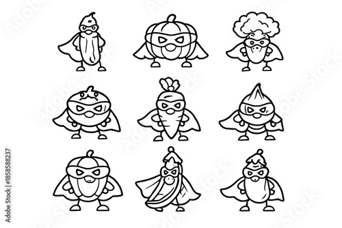 Cute superhero vegetables with capes and masks