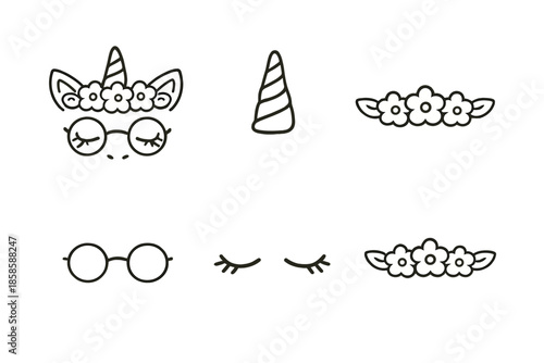 Cute Unicorn Face with Glasses and Flowers