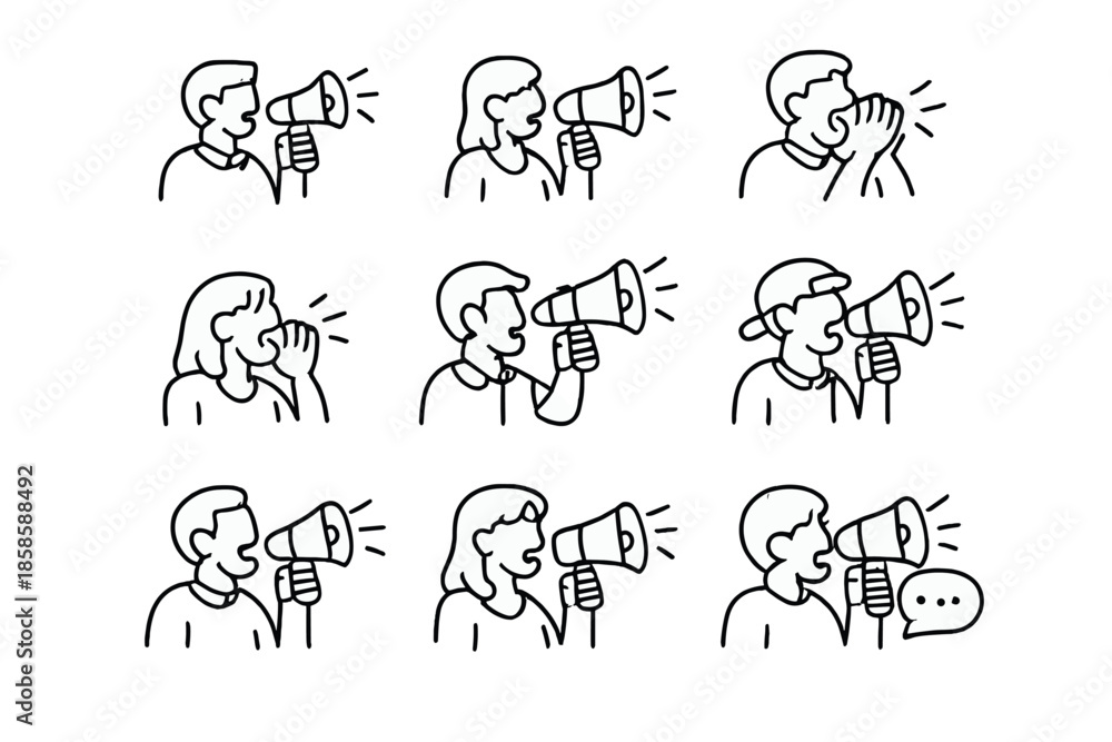 Naklejka premium Collection of minimalist cartoon figures speaking through megaphones or cupped hands
