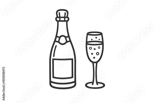 Champagne bottle and flute with bubbles