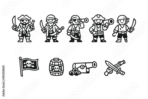 Pirate Icons Set on Gray Background