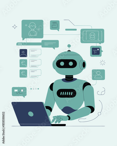AI Robot Working on Laptop with Digital Data Interface and Chat Icons Illustration.