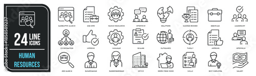 Human Resources and Recruitment Outline Icon Set Design for Management and Employee Development Featuring Talent Acquisition and Career Growth in Modern Workplace