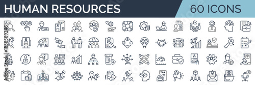 Human resources line icons set with recruiting and hiring concept thin outline vector symbols collection editable stroke 60 icons