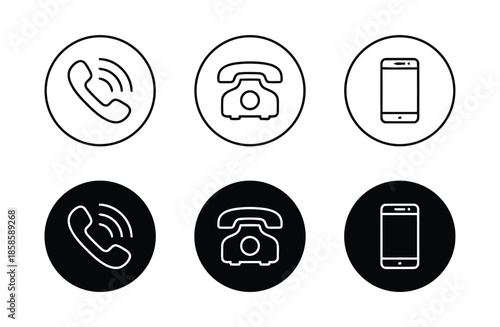 Icon Set of Phone Communication Representing Telephone Smartphone and Calling Symbols in Both Outline and Solid Styles for Modern Technology