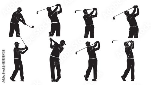 Set of silhouettes of a man playing golf swinging and putting in various positions