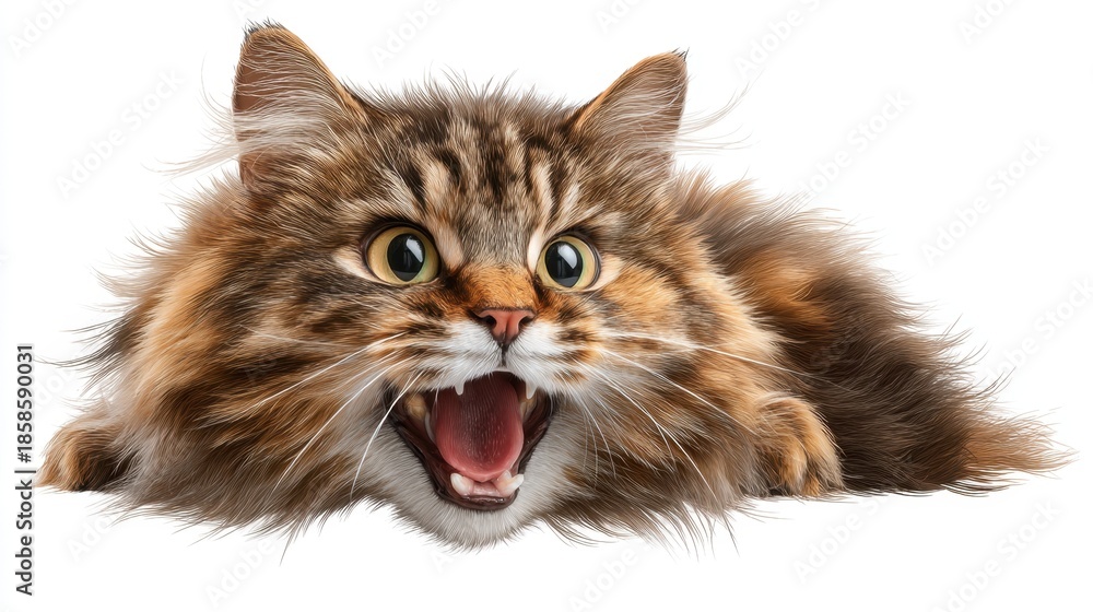 Obraz premium A close-up of a fluffy cat with wide eyes and an open mouth, displaying a curious and startled expression. The feline's fur is lush and vibrant, adding to its captivating appearance.