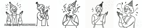 vector line art half body grandmother clapping in party