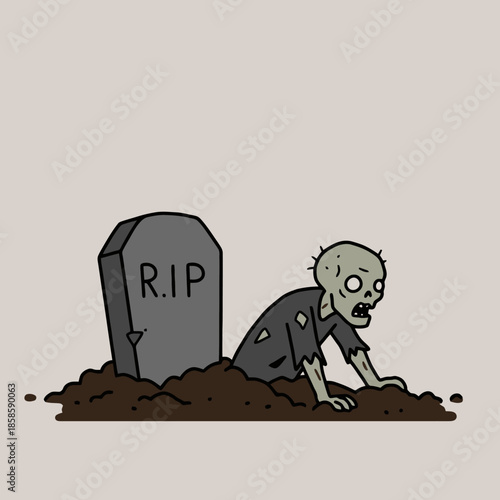 A cartoon zombie emerging from a grave next to a tombstone with "R.I.P." written on it, against a plain background.