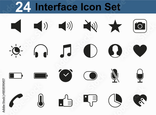 Black and white interface icon set with various symbols and signs