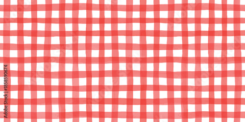Seamless hand painted red gingham check pattern with soft watercolor texture. Warm cheerful plaid background ideal for fabric, wallpaper, packaging, stationery, kitchen and summer designs