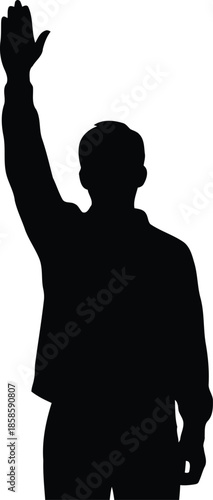 Silhouette of a person with a raised arm, expressing a vote or asking a question