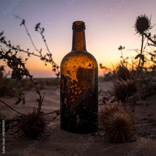 Old, brown bottle on sand at sunset, surrounded by spiky plants