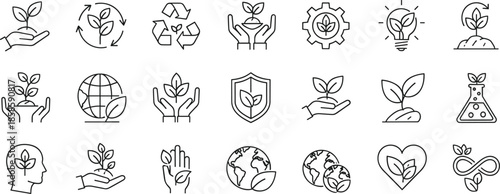 Eco-friendly sustainability icons set with plant, globe, gear, recycle, leaf, protection, green energy, conservation, innovation, and environmental symbols.