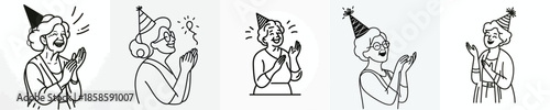 vector line art half body grandmother clapping in party