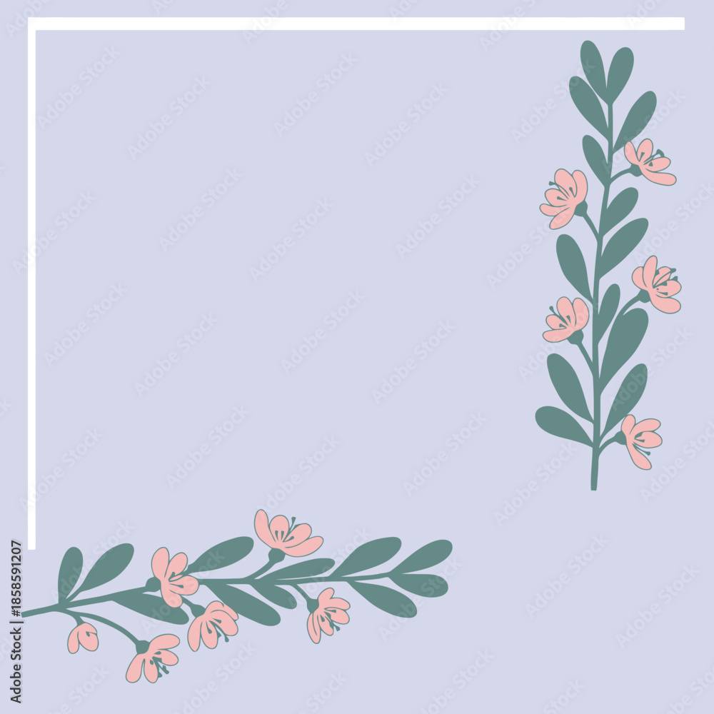 Fototapeta premium A delicate floral border design with soft pink blossoms and green leaves on a light purple background.