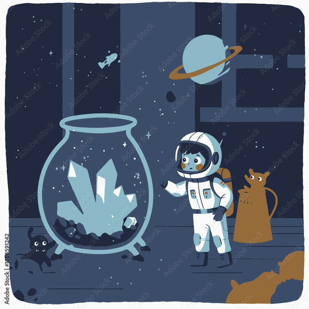 Fototapeta premium An astronaut explores a cosmic crystal terrarium with alien companions in a whimsical space scene.