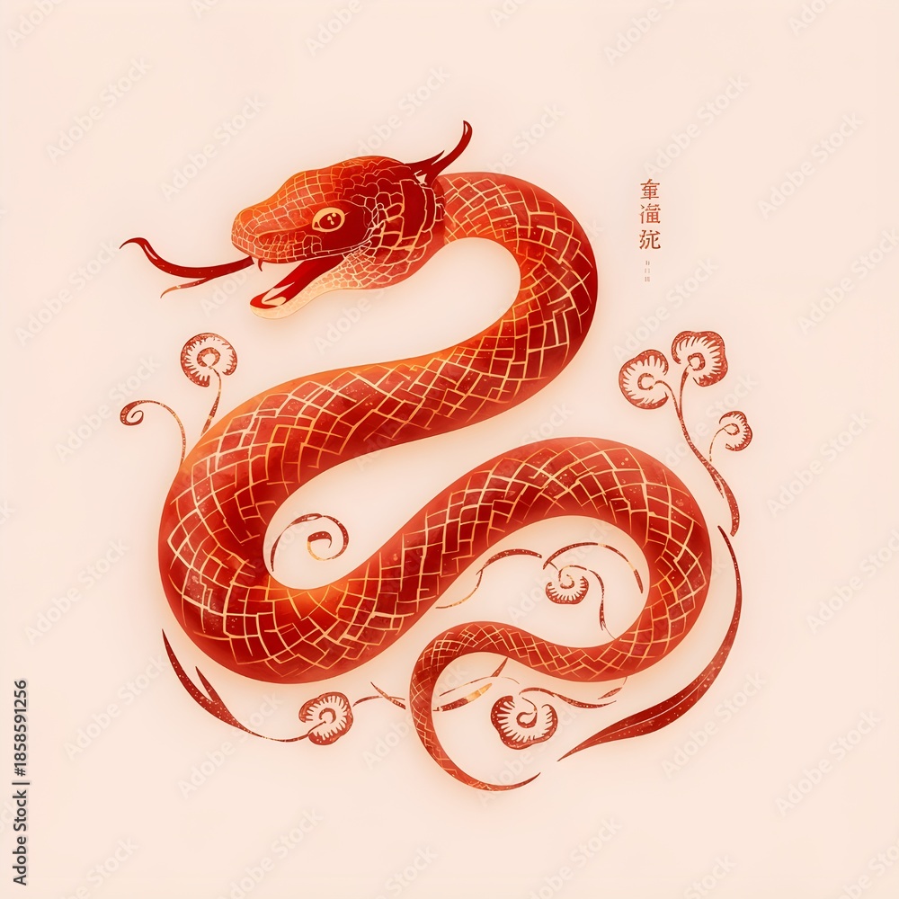 Obraz premium Chinese Zodiac Snake Symbol for Lunar New Year Celebration, Year of the Snake Chinese Zodiac Illustration in Red and Gold. 