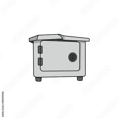 A simple, grey, rectangular safe with a keyhole and hinges, cartoon illustration.