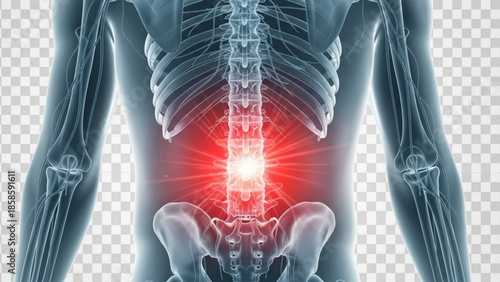 Human skeleton with glowing red lower back pain illustration