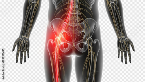 Human skeleton with highlighted painful hip joint and glowing red sciatic nerve