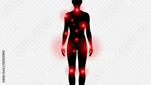 Full body silhouette of a person with glowing red pain points indicated