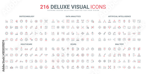 Healthcare and biotechnology research, algorithms and tools for data analytics, AI line icon set. workshop gears and cogwheels, technical service thin black and red outline symbols vector illustration