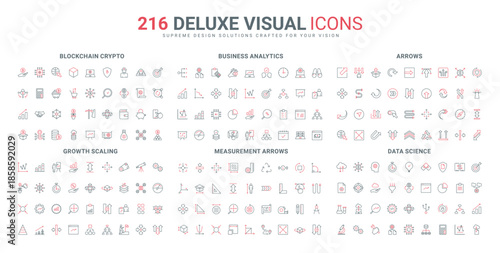 Science and business analytics services and software, scaling and measuring arrows line icon set. Exchange, upload and download, data analytics thin black and red outline symbols vector illustration