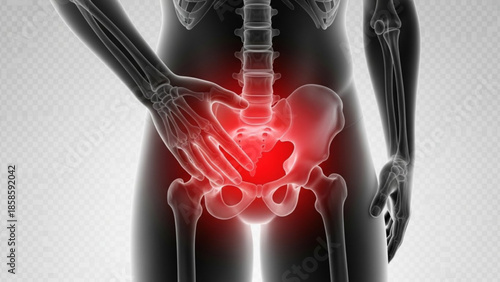 Human skeleton with highlighted red pain in the hip and lower back area