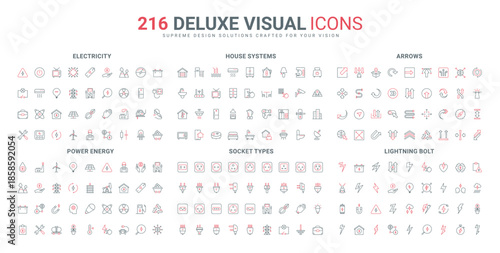 Electricity and equipment of house system, energy line icon set. International socket types, transfer and exchange, refresh and change arrows, thin black and red outline symbols vector illustration