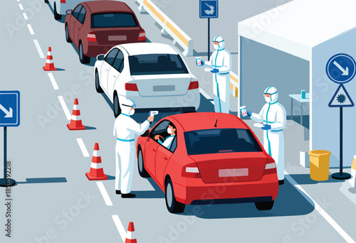 People in protective suits conduct temperature checks at a drive-through COVID-19 testing site