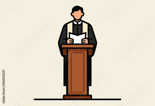 Cleric in robes stands at podium, reading from open book