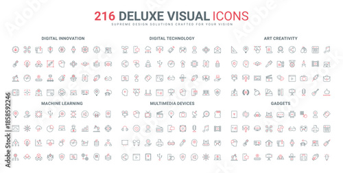 Creative idea innovation, multimedia, AI development, digital environment and cloud services line icon set. Augmented reality, NFT and games thin black and red outline symbols vector illustration