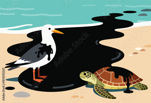 A bird and turtle are covered in black oil on a beach