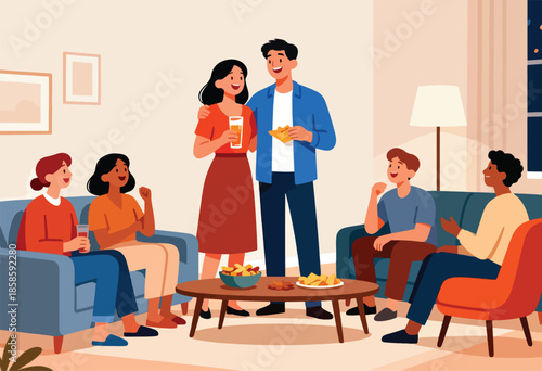A diverse group of friends gathers for a casual indoor party, sharing drinks and snacks