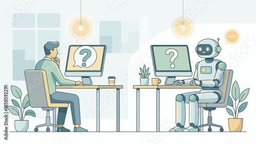 A man and a robot sit at desks facing computers, both displaying question marks, symbolizing AI interaction and problem-solving.