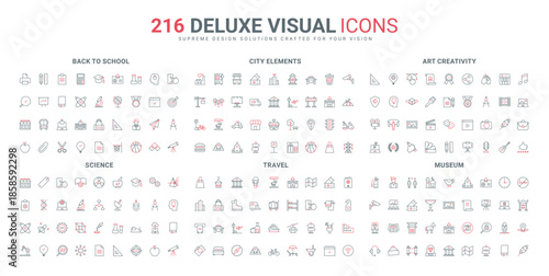 Science research, artist tools and creative ideas, museum showroom line icon set. Location and direction of city elements, back to school thin black and red outline symbols vector illustration