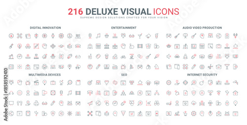 Audio and video devices and vlogging line icon set. Digital innovation, mobile application for cyber protection from virus, phishing and spam thin black and red outline symbols vector illustration